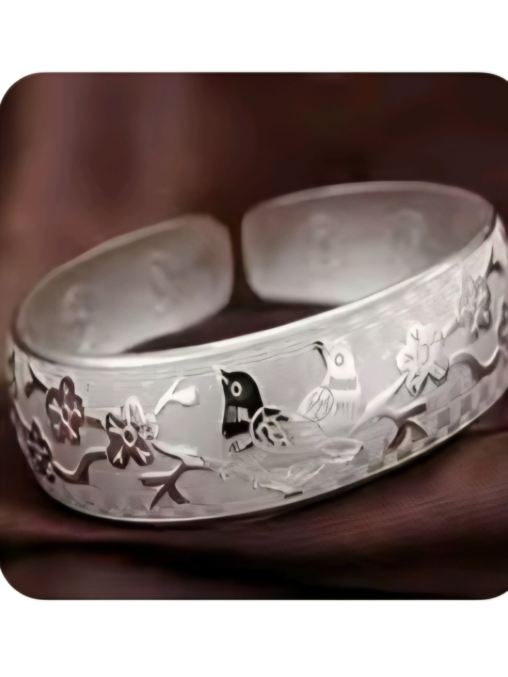 Engraved Silver Bird & Cherry Blossom Cuff Bracelet - Etched Adjustable Bangle 6
